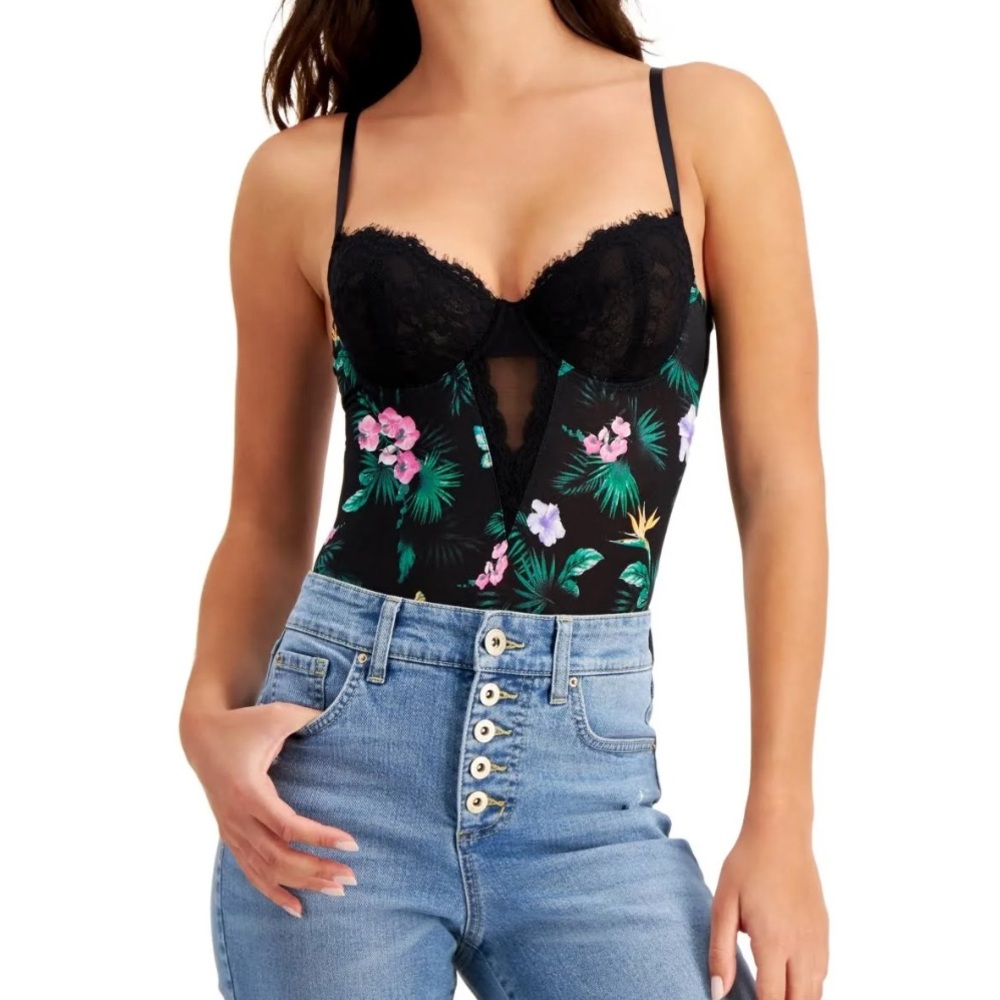 INC International Concepts Floral Black Bustier Bodysuit